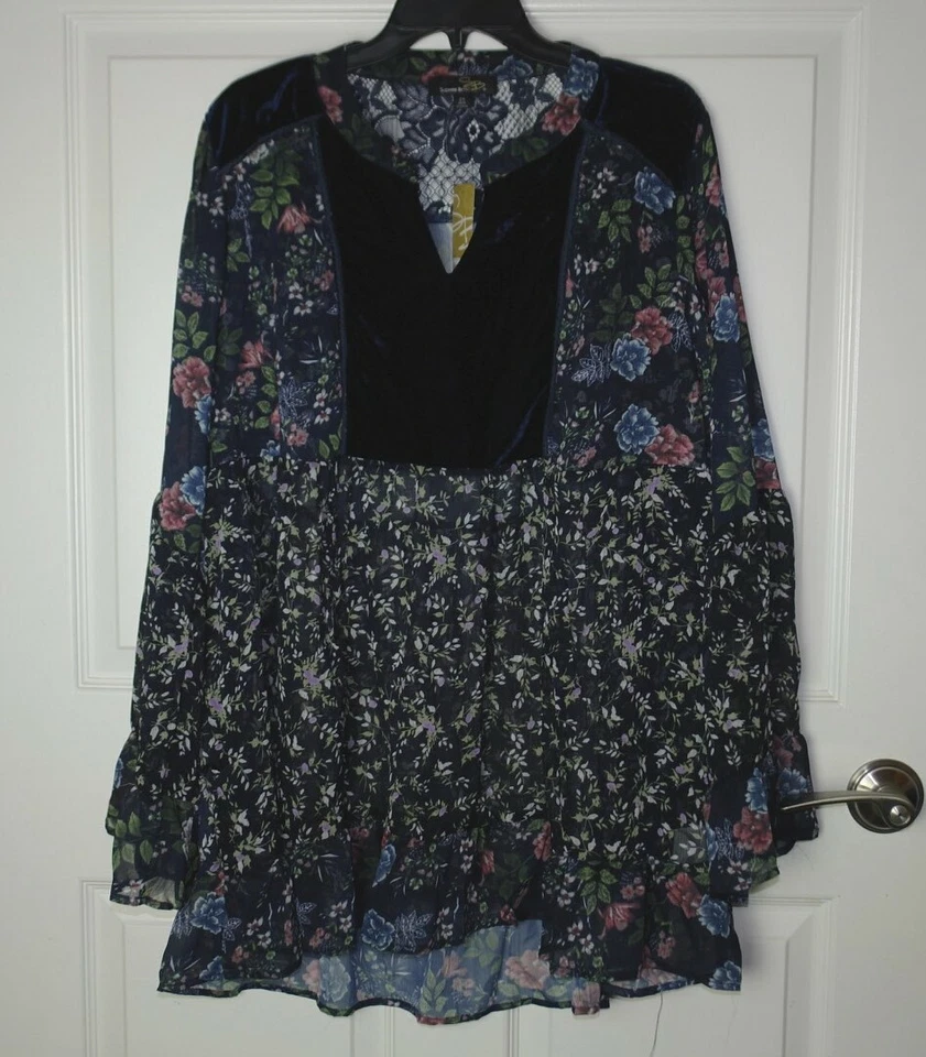 NUEVO CON ETIQUETAS Túnica Susan Betro Doble Estampado Azul Marino Transparente Floral Gasa Manga Campana 2X