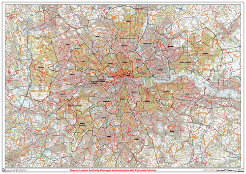 Greater London Authority Boroughs with Postcode Districts, (Within M25) Wall Map - Imagen 1 de 5