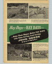 1957 anuncio de papel 2 páginas equipo agrícola John Deere soplador de forraje picadora rotativa empacadora