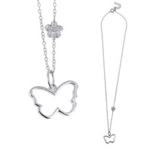 Sterling Silver Necklace w/ Open Butterfly  CZ Stone Flower Pendants