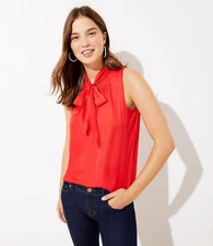 NWT LOFT Women's Smocked Tie Neck Shell - Red Flare - Size XX Small