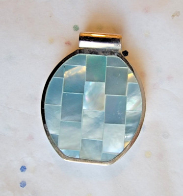 NEW REVERSIBLE PALE BLUE MOSAIC MOP SHELL STERLING SILVER PENDANT SOULFLOWER