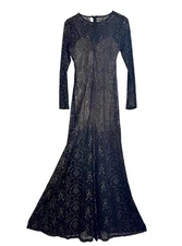 Black Nude Gold Illusion Sheer Lace Maxi Gown Dress Bodycon Mermaid Sz L