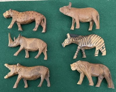 Handmade Hand Carved Animal Figurines Set Of 6 Zebra Rhino Lion Display Used