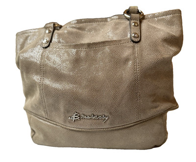 Vintage B. Makowsky Metallic Leather Tote Shoulder Bag Gold Tan Shimmer Pockets