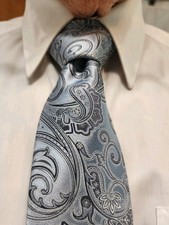 Canali Men's Silk Tie Silver Brokade, Made in Italy 59x3.25 No Stains