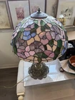 Vintage XL Tiffany Style Stained Glass Table Lamp - Pink Floral - Bronze Base