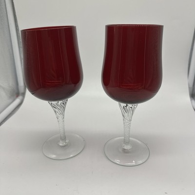 Vintage  Ruby Red Wine Goblet Glasses w/ Clear Spiral Twist Stem Design