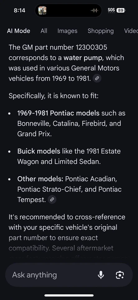 Bomba de agua fundición GM 12300305 BUICK OLDS PONTIAC 4,3 L 4,9 L 5,7 L 6,6 L 7,5 L 69-81 Foto 2 de 4