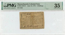 1776 June 18, 5s Massachusetts Colonial Note FR#MA-204CT PMG VF35 Counterfeit