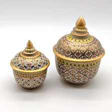 Thai Porcelain Ginger Jar Trinket Pot Set of 2 Benjarong Style Hand Painted