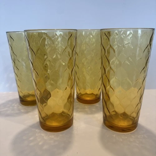 Set Of 4 VTG Anchor Hocking HONEYCOMB  Golden Amber Tumblers Glasses