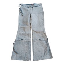 Youth Girls Authentic Suede Leather Blue Dyed Western Rodeo Running Stitch Pants