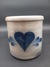 Vintage Rowe Pottery Works Blue Heart Floral Salt Glazed 5.5" Crock Vase c1991