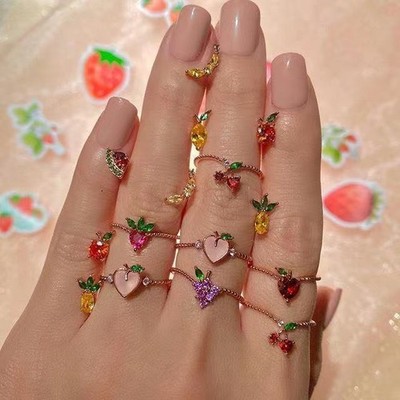 Womens Adjustable Fruit Ring Alloy Metal Gemstone Inlay