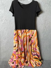 Jones New York Womens Dress 10 Black Knit Top Orange Pink Swirl Full Skirt Midi