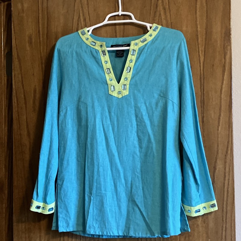 Saint Tropez West Long Sleeve Tunic Top Size S With Jeweled Neckline And Cuffs