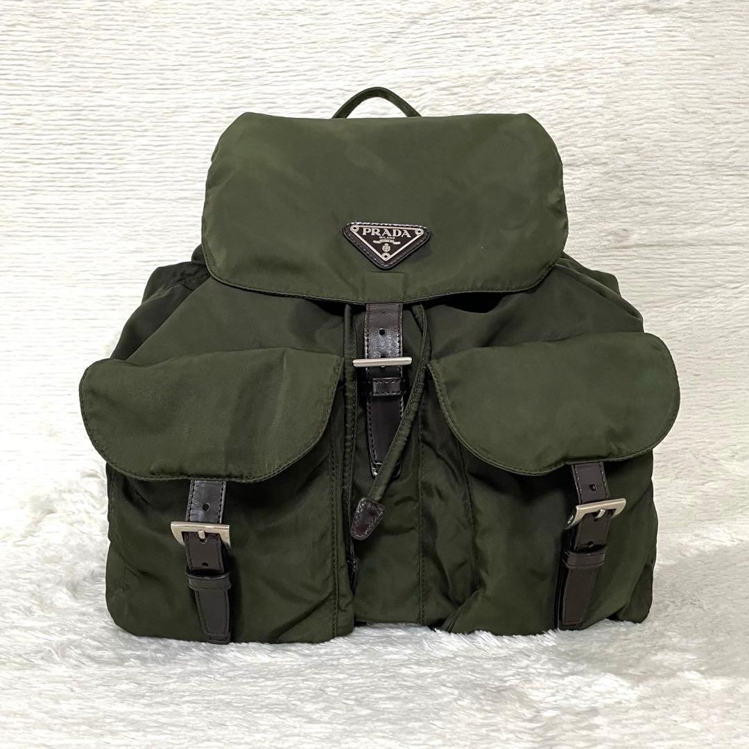 PRADA backpack triangular logo white tag nylon kh… - image 1