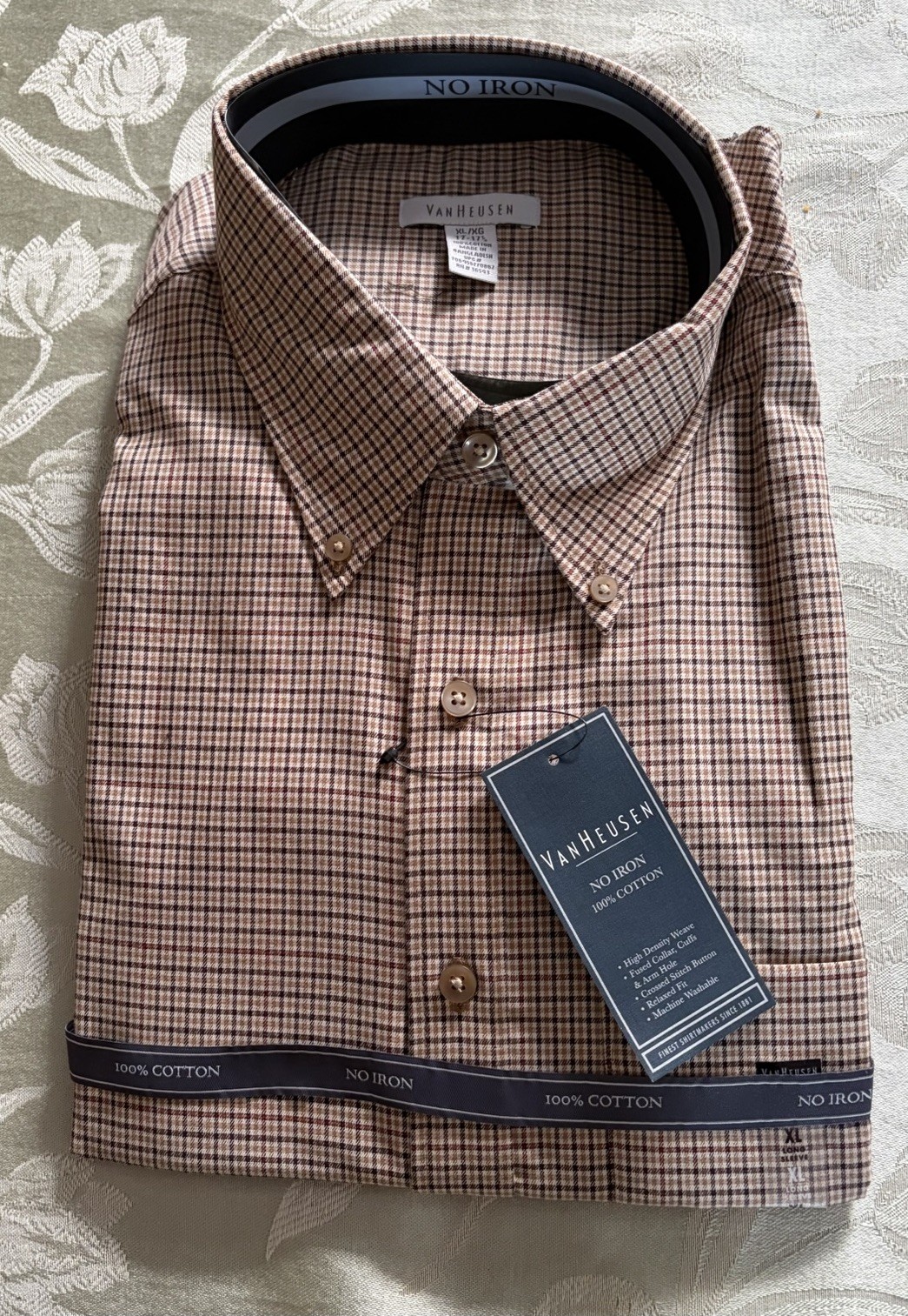 NWT Van Heusen Shirt Mens Tan Black Plaid Long Sleeve No Iron Button Down XL thumbnail 6