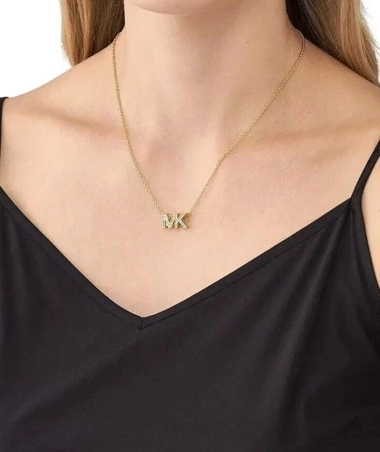 Collar Michael Kors MK Logo Cristales Colgante Tono Dorado Latón Nuevo con Etiquetas Foto 4 de 4