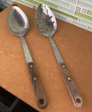 2 VTG Robinson Solid/Slotted Cooking/Serving Spoons Stainless Wood Handles USA