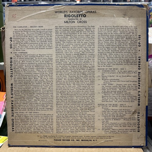 Milton Cross Narrates Verdi's Rigoletto Opera, Vinyl LP, VG+ Taped Cover - Picture 2 of 4