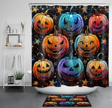 Colorful Creepy Pumpkin Black Halloween Shower Curtain Bathroom Accessories Set