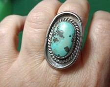 Vtg Sterling Silver 1.25"H Southwest Oval Turquoise Rope Design Ring Size 5.5