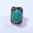 Tibetan Coral Turquoise ring Natural stones bohemian Unique ring Size 10