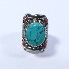 Tibetan Coral Turquoise ring Natural stones bohemian Unique ring Size 10