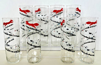 Vintage Libbey Tally Ho Red Fox & Hound Hunt Highball  7 Inch Bar Glasses Qty 8