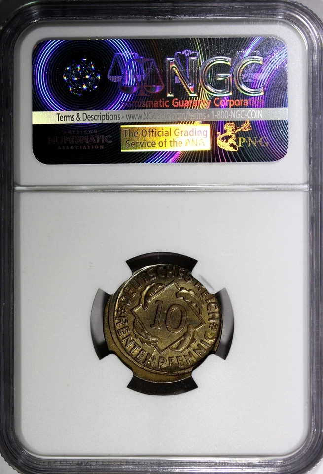 Germany - Weimar Republic 1924 D 10 Rentenpfennig NGC MINT ERROR MS63 KM# 33 (8) - Image 3 of 4