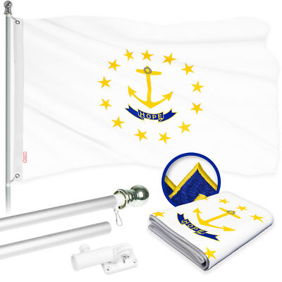 G128 6 Ft Flagpole (Silver) & Rhode Island No Gold Border Flag 3x5 Ft Embroider