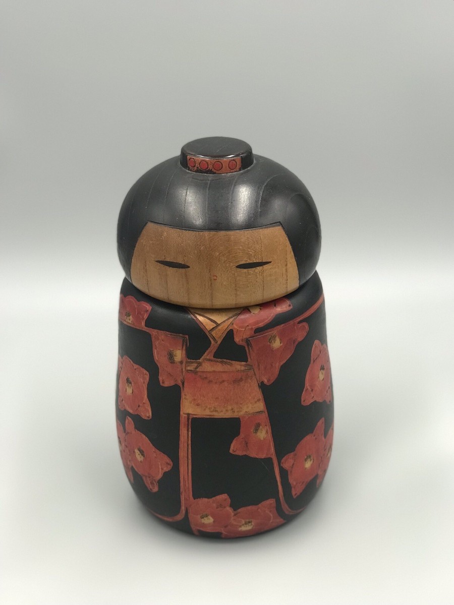 Vintage Japanese Kokeshi Doll Red Camellia Flowers Signed by Toa