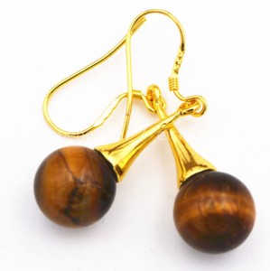 Authentic Beautiful 10mm Yellow Tiger's Eye Gemstone Dangle Gold Plated Hook Earrings