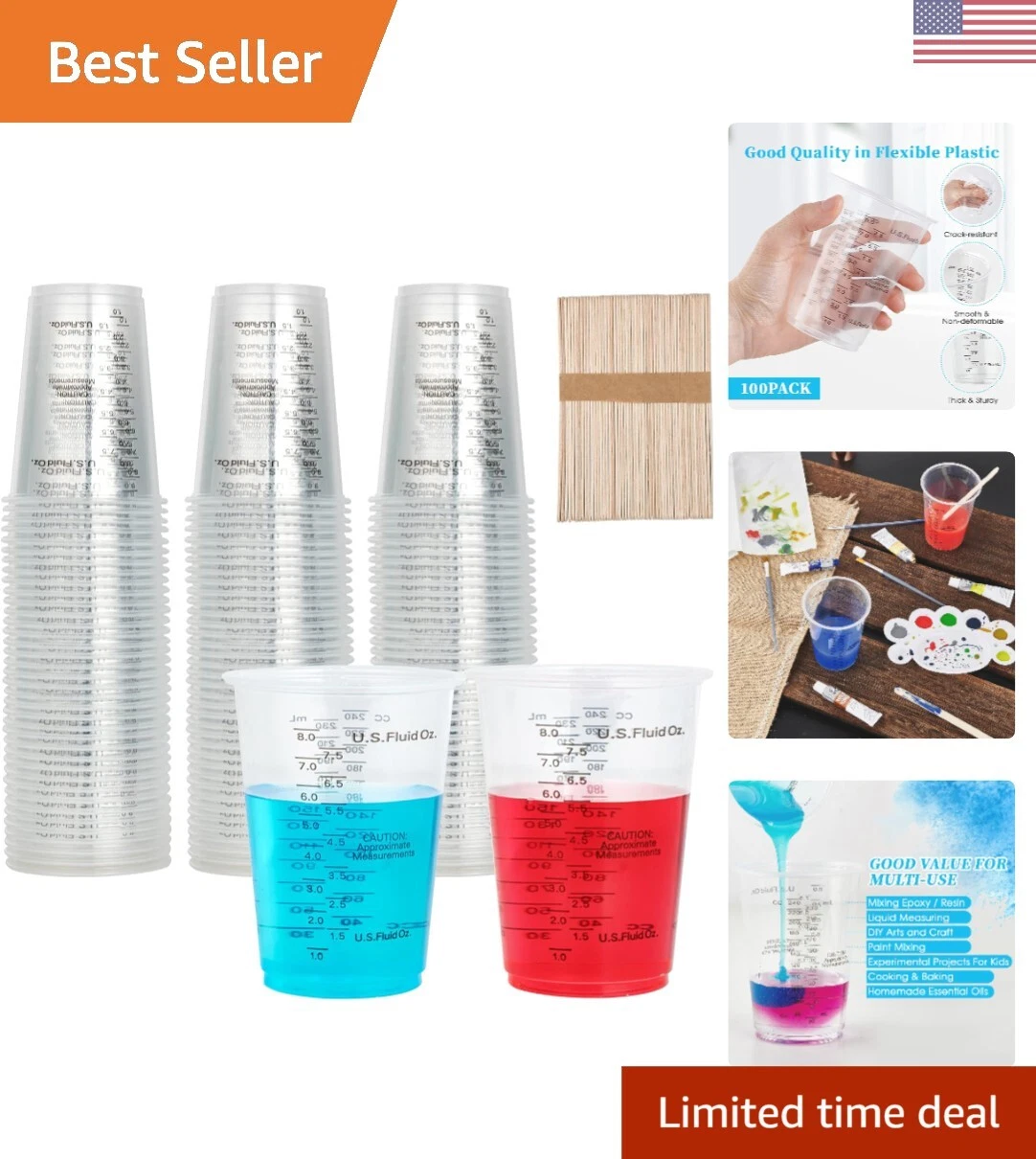 Accurate 100-Pack Plastic Measuring Cups - 8 oz Capacity with Mixing Sticks