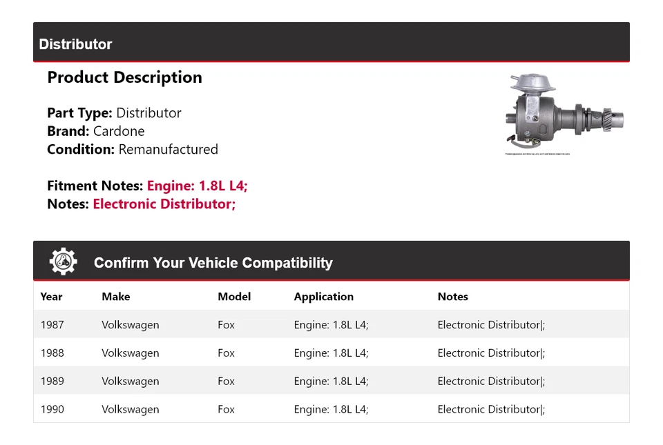 Para Volkswagen Fox 1987-1990 1.8L L4 Distribuidor Cardone 1988 1989 Foto 2 de 4