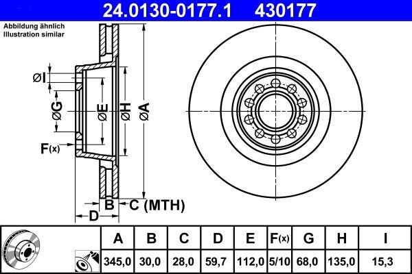 2X ATE Bremsscheibe 24.0130-0177.1 FüR Audi-image