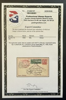 Scott C13 affixed on a UX37 Postcard PSE Cert Genuine Graf Zeppelin LX 127 Flown