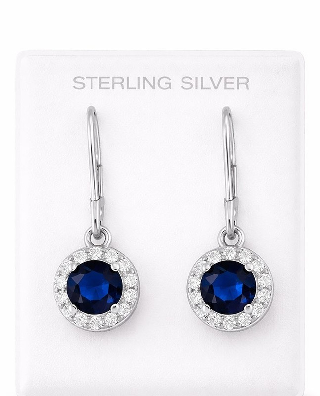 LAB CREATED BLUE & WHITE SAPPHIRE STUD EARRINGS .925 Silver - Lever Back