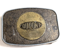 Vintage DuPont Advertising Belt Buckle Brass Tone Metal Oval Logo Promo