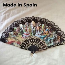 Spanish-made fan with lace decoration and gold detail, flamenco design