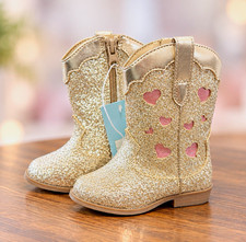 Girls Gold Glitter Cowgirl Western Ankle Bootie Boots Heart Cutout Zip