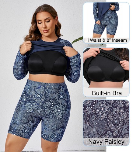 Women Padded Plus Size Swimsuits 2 Piece Rashguard with Boyleg Shorts Navy 2X - Picture 3 of 6