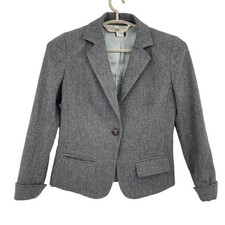 J Crew Womens Herringbone Tweed Gray Black Blazer Jacket Turned Cuffs Size 2