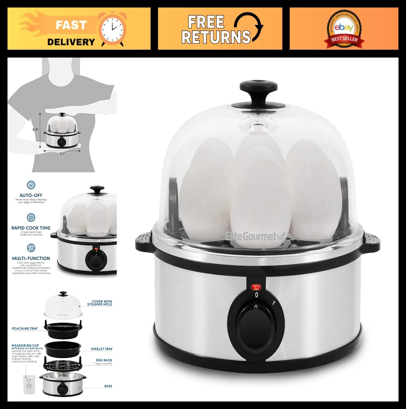 Electric Egg Cooker - 7 Egg Poacher, Omelet Maker, Auto Shut-Off, BPA Free, Stai
