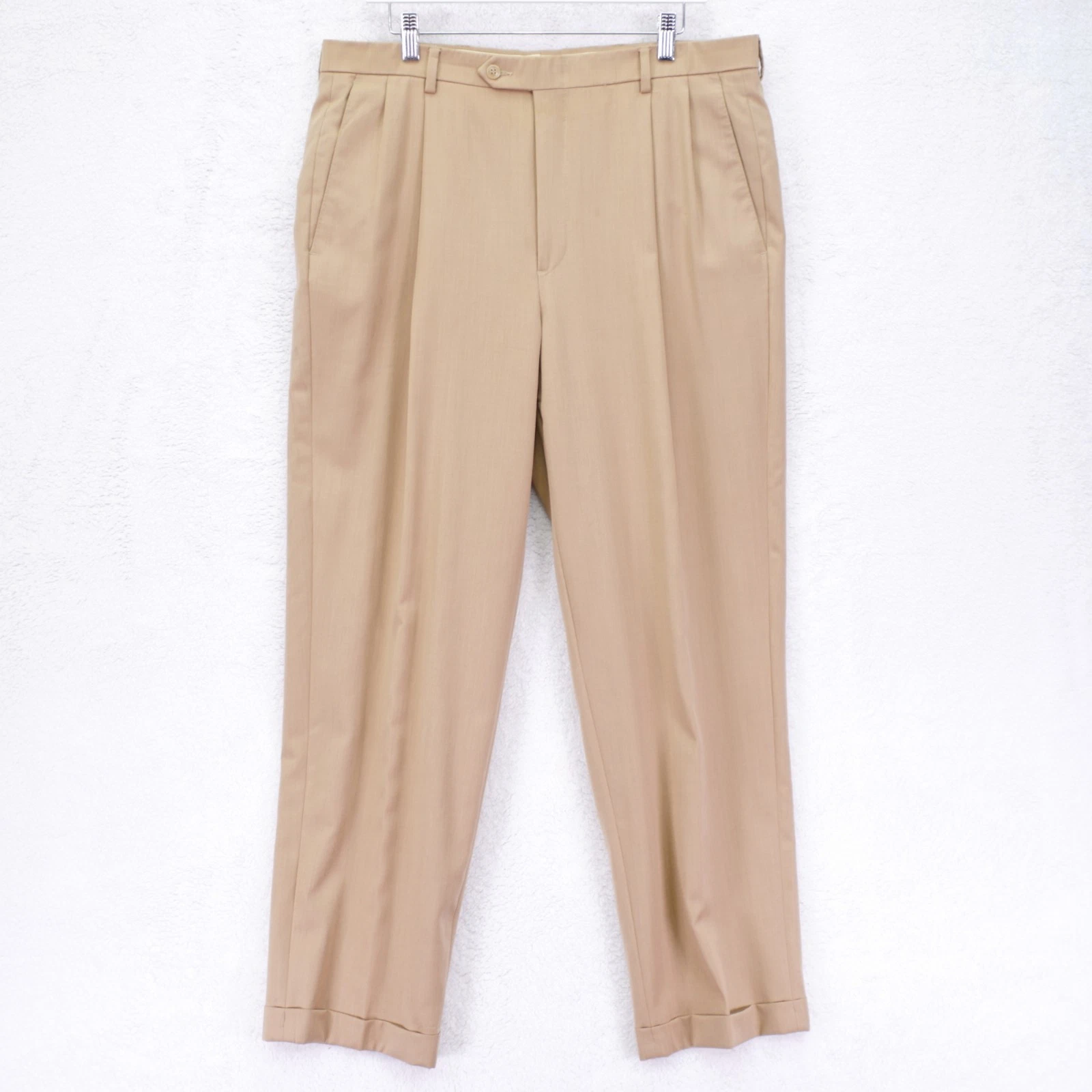 Hart Schaffner Marx Wool Tan Dress Pants Trousers 36 / 30 Pleated Cuffed High Ri