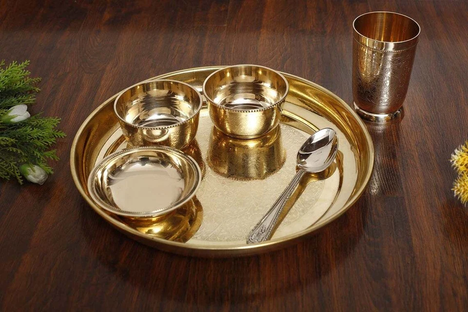 Heavy Weight Pure Brass Dinner Set-6/7 Pcs || 12 inch Large Thali Brass Utensils - Image 3 of 4