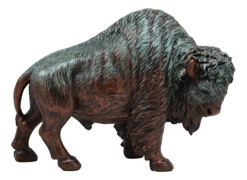 Native American Wild Bison Buffalo Resin Statue In Green Patina Bronze Finish - Picture 1 of 10