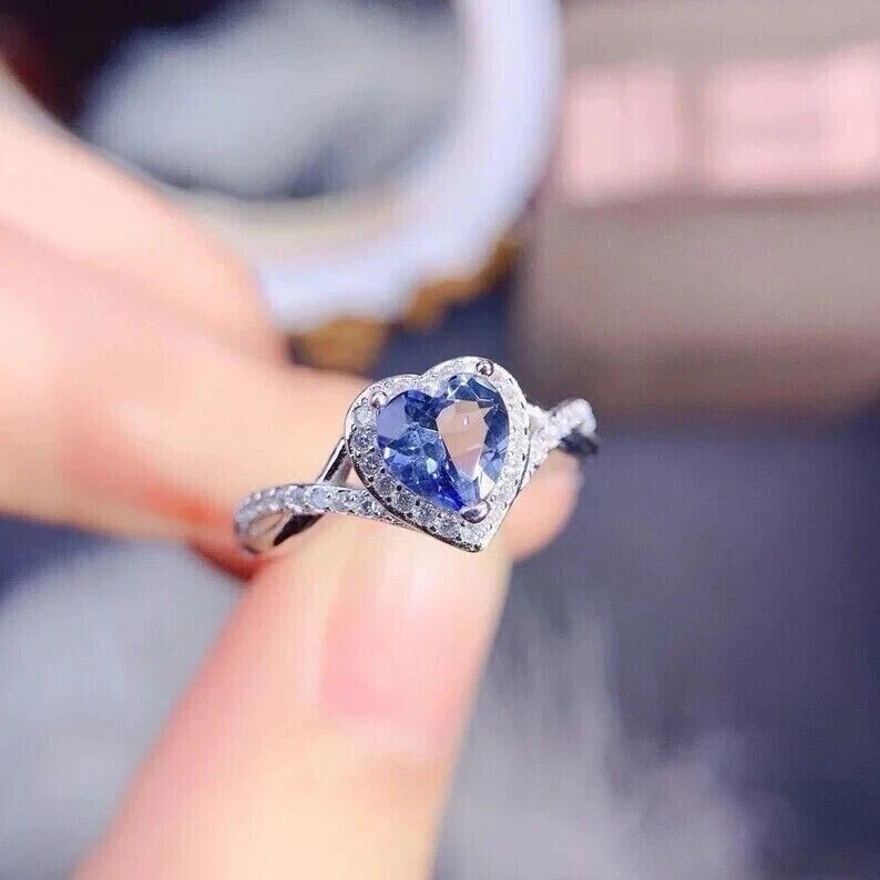 Heart Cut Simulated Blue Tanzanite Halo Engagement Ring In 14k White Gold Plated - Image 4 of 4